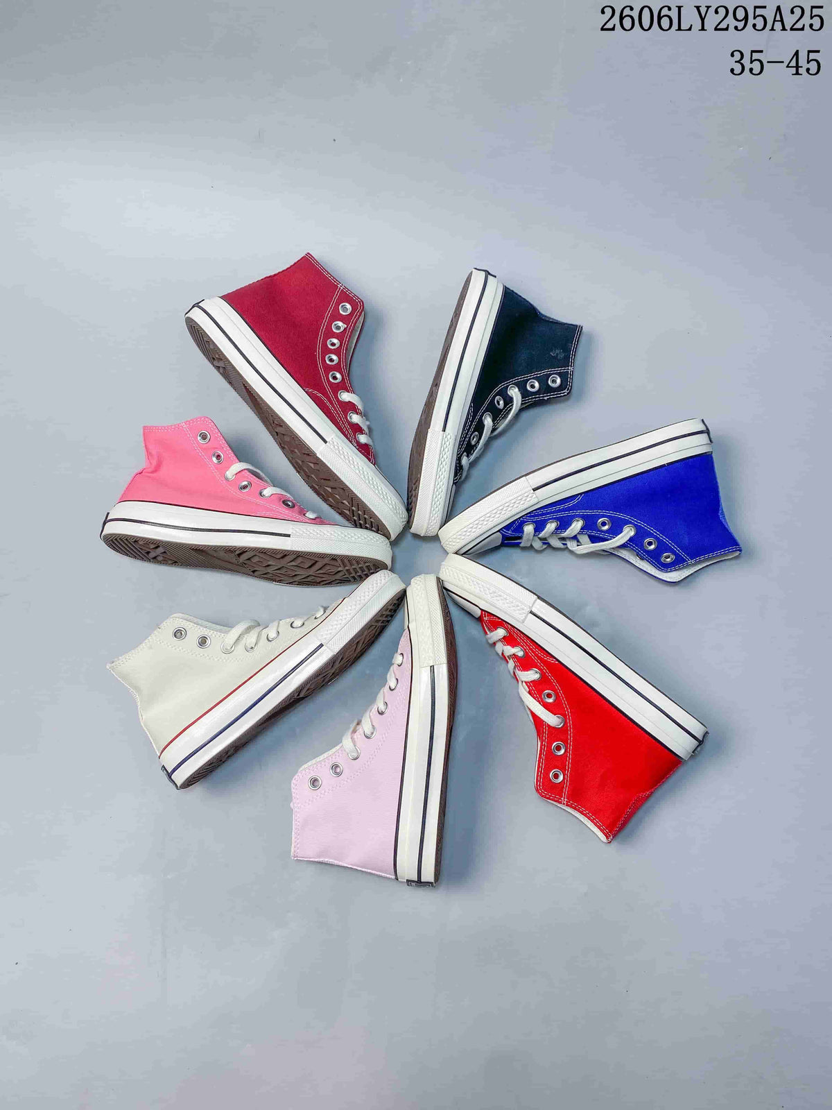 Several Converse Chuck Taylor All Star high-top sneakers arranged in different colors; image also displays size range 35–45.