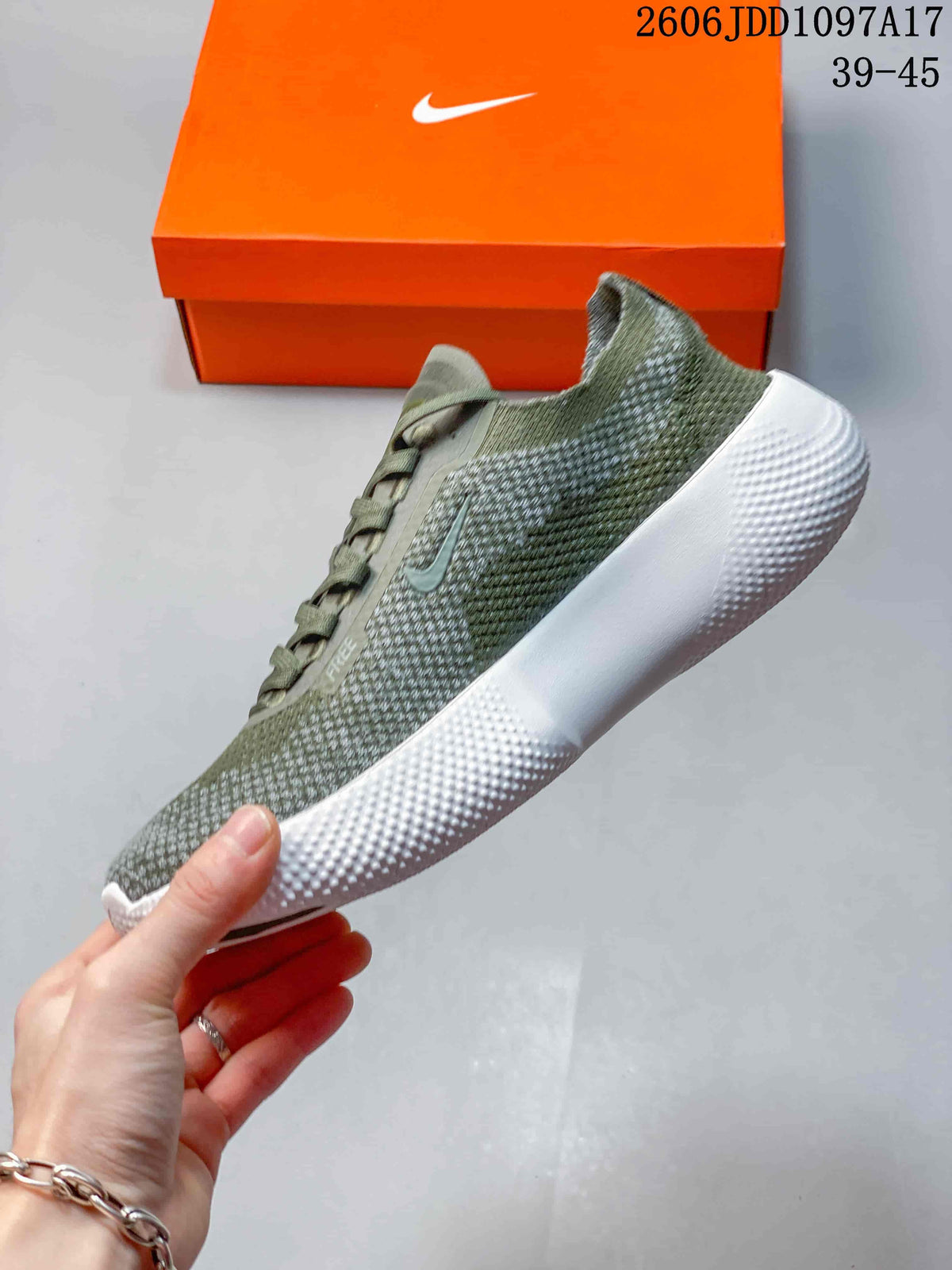Side view of the knit-look upper, Swoosh, and white outsole.