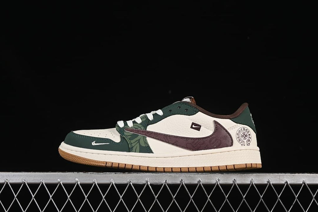 Side view of a low-top sneaker in off-white, deep green, and brown with patterned panels and a gum-colored outsole