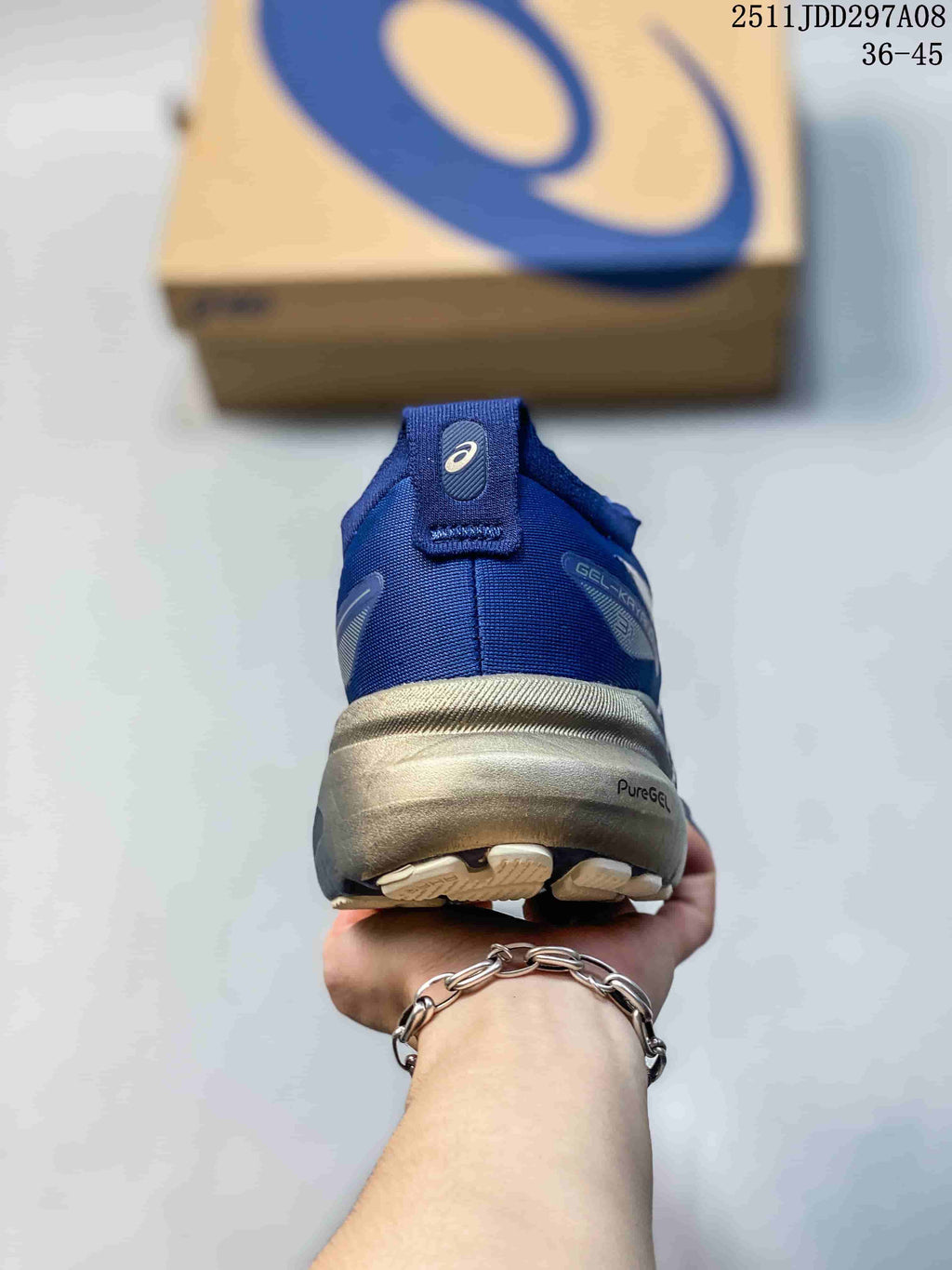 Rear view of the blue ASICS shoe with PureGEL marking on the heel