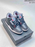 Pair of grey Air Jordan 3 Retro sneakers with red accents and elephant-print overlays, displayed on a shoebox.