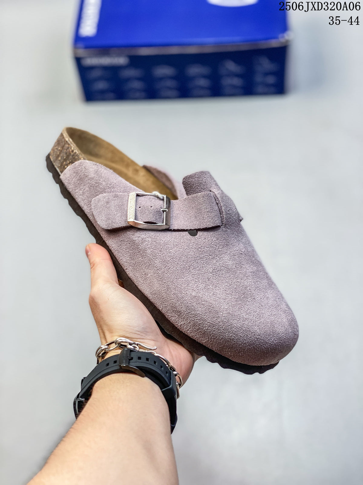 Close-up of the mauve-toned upper and adjustable buckle
