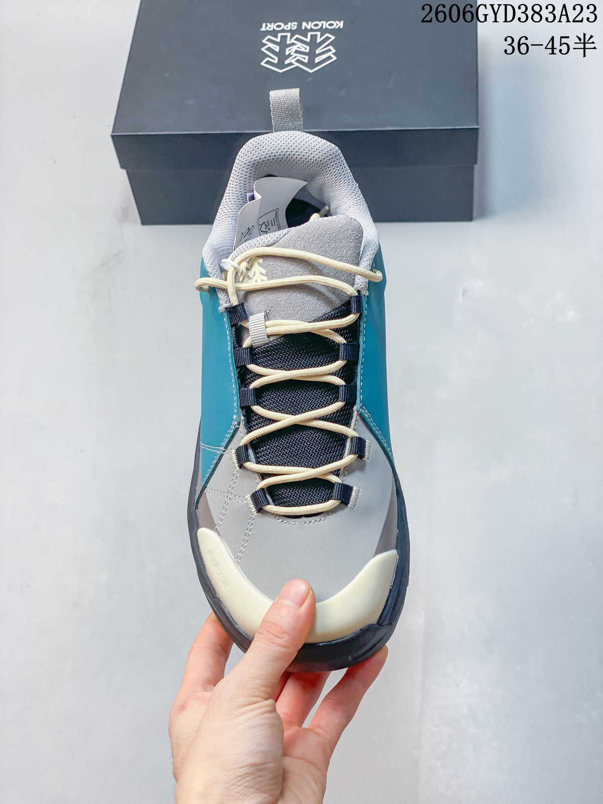 Top view showing the laces, tongue, and contrasting toe overlay