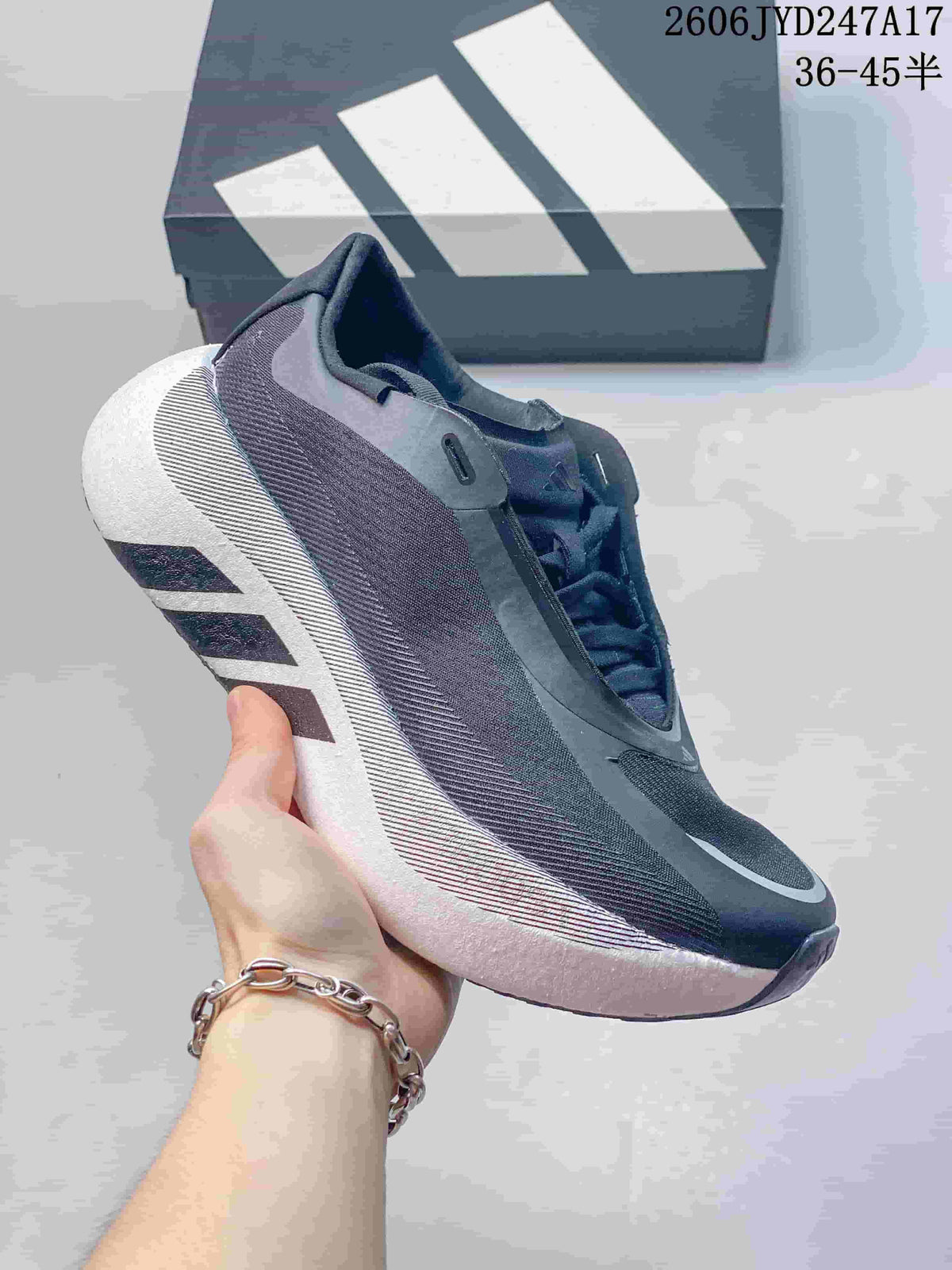 Several Adidas HYPERBOOST EDGE M shoes arranged in a circle, showing assorted colorways.