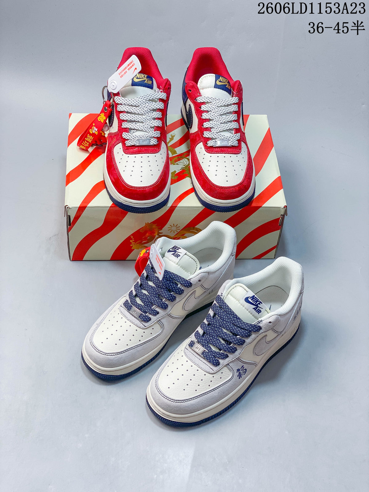 Two pictured colorways of low-top sneakers: red, white, and navy, and pale gray, white, and navy