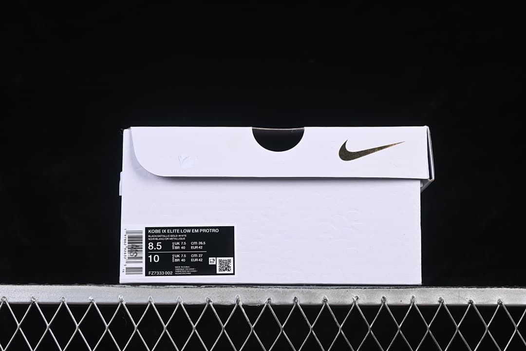 Shoe box label identifying Kobe IX Elite Low EM Protro, style FZ7333-002