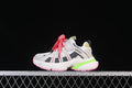 Side view of a kids’ Adidas Adistar sneaker in gray and white with pink laces and lime green heel detail.