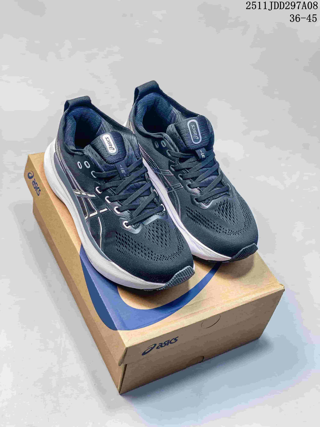 Navy and white ASICS GEL-KAYANO running shoes displayed on a branded box; image label shows 36–45 and code 2511JDD297A08.