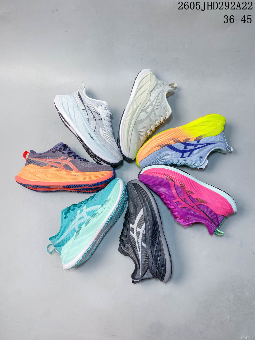Group view of ASICS Superblast 2 Paris running shoes in multiple colorways.