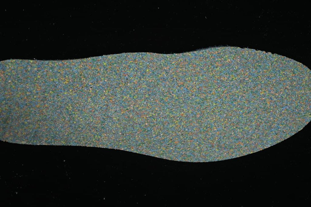 Close-up of a mottled multicolor shoe insole.