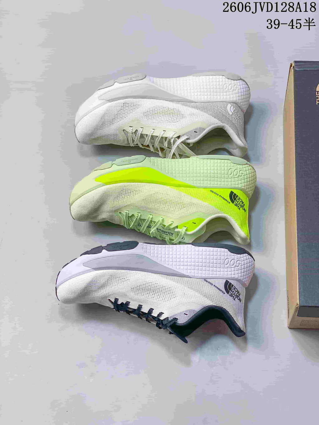 Three Alta Mesa 500 colorways shown from above, in white with neutral, lime, and navy or lavender accents.