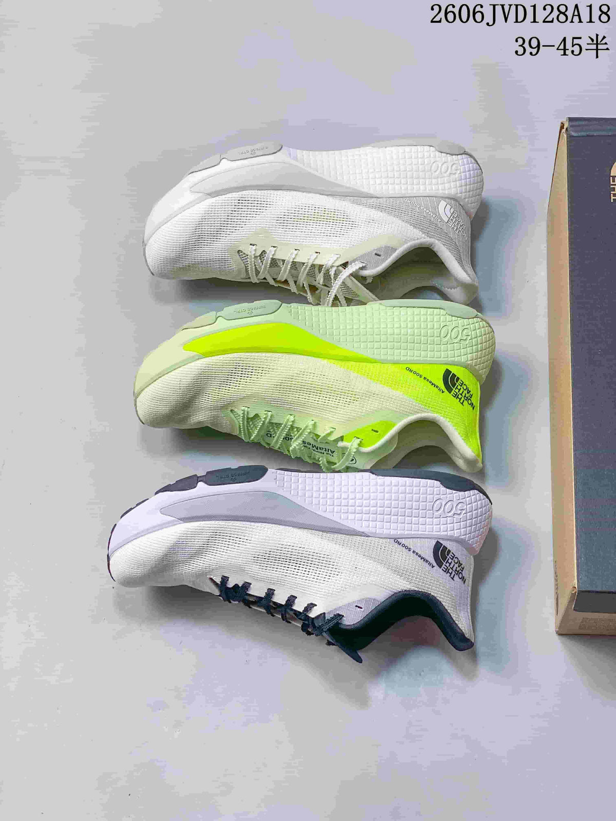 Three Alta Mesa 500 colorways shown from above, in white with neutral, lime, and navy or lavender accents.