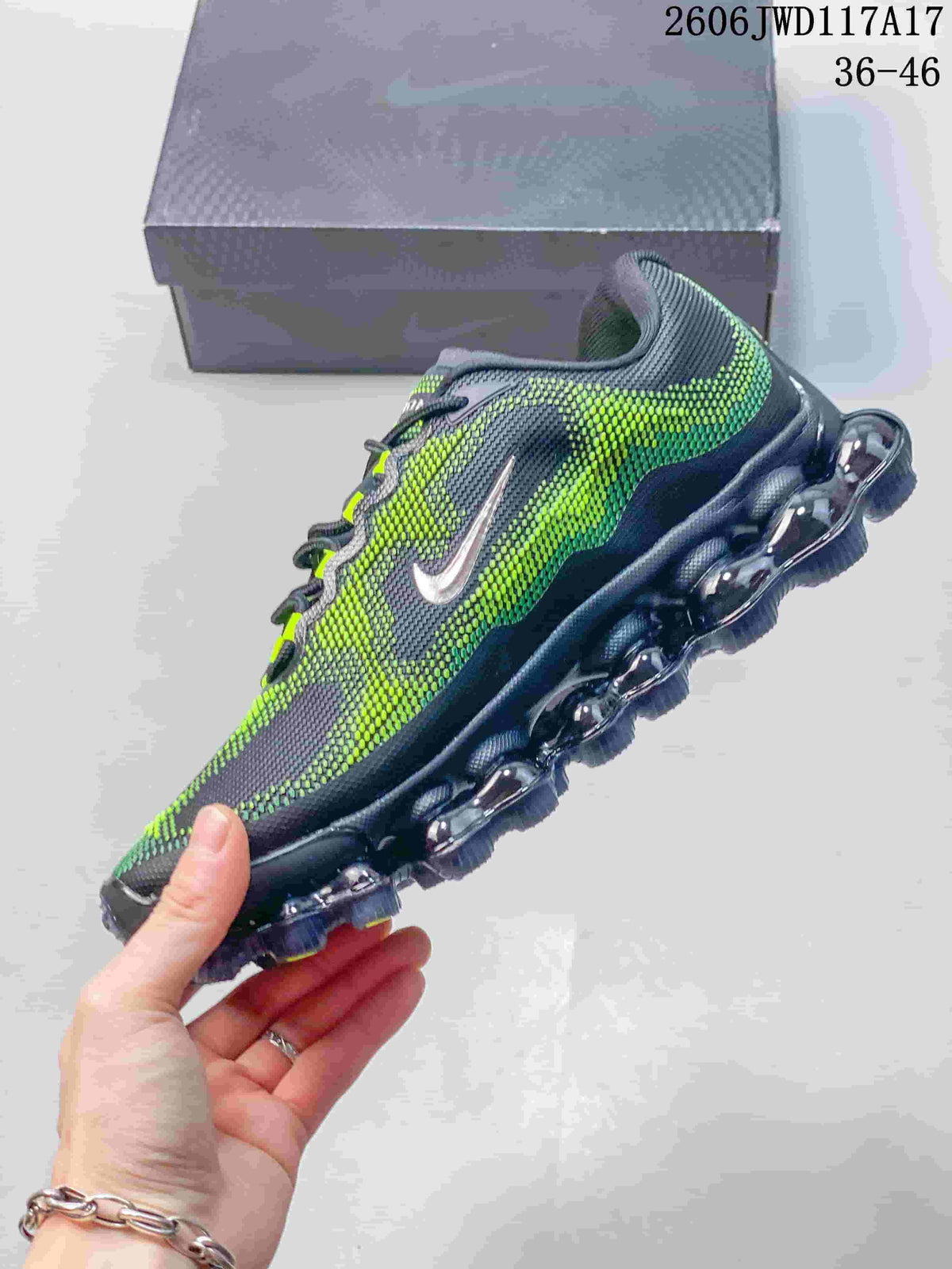 Side view of the Nike Air Liquid Max with patterned charcoal and green upper and sculpted sole