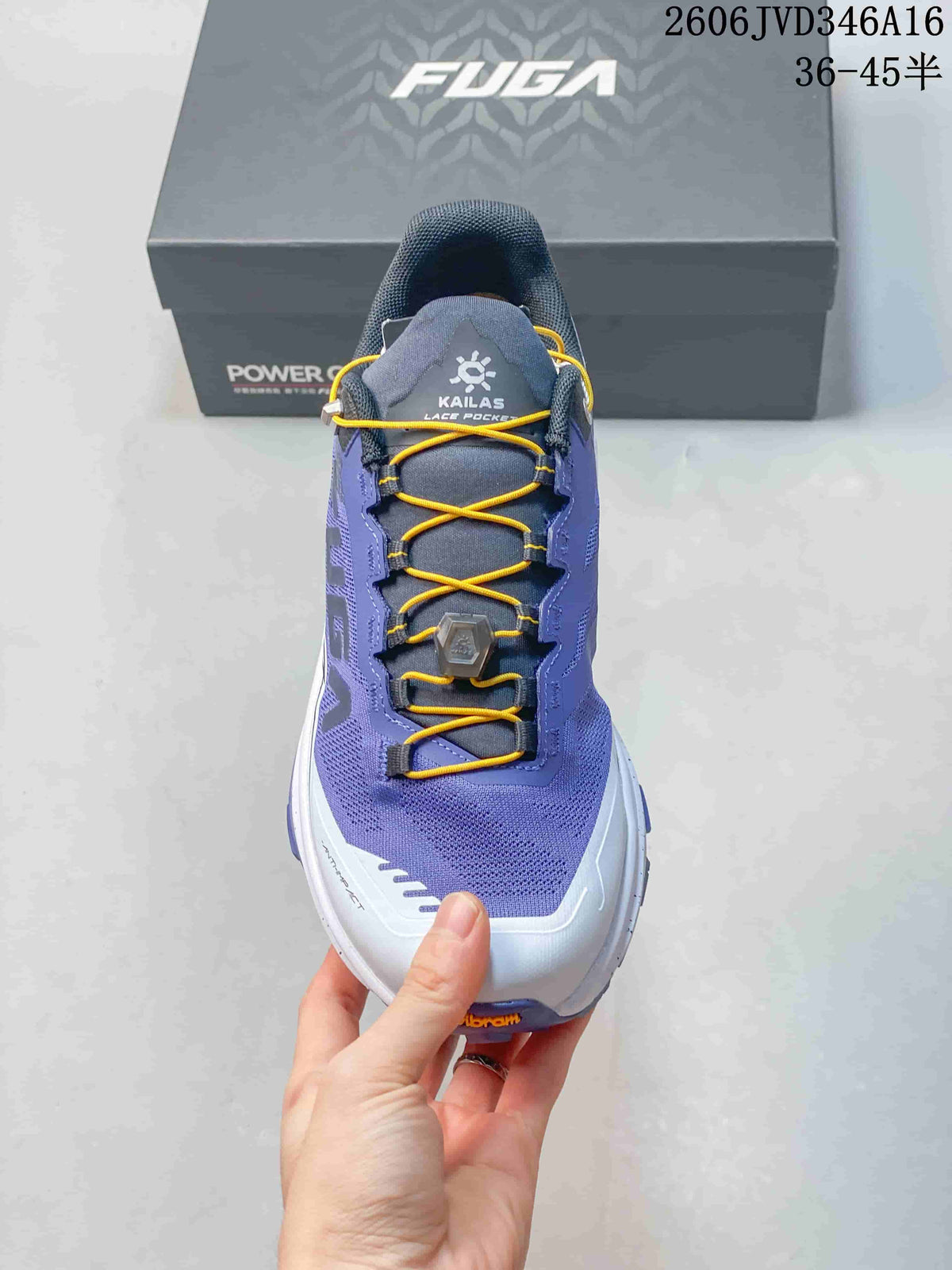 Front view of a purple Kailas FUGA EX3 shoe with yellow quick laces