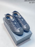 Pair of gray Onitsuka Tiger Mexico 66 low-top lace-up sneakers on a shoe box; image overlay shows sizes 36–45.5.