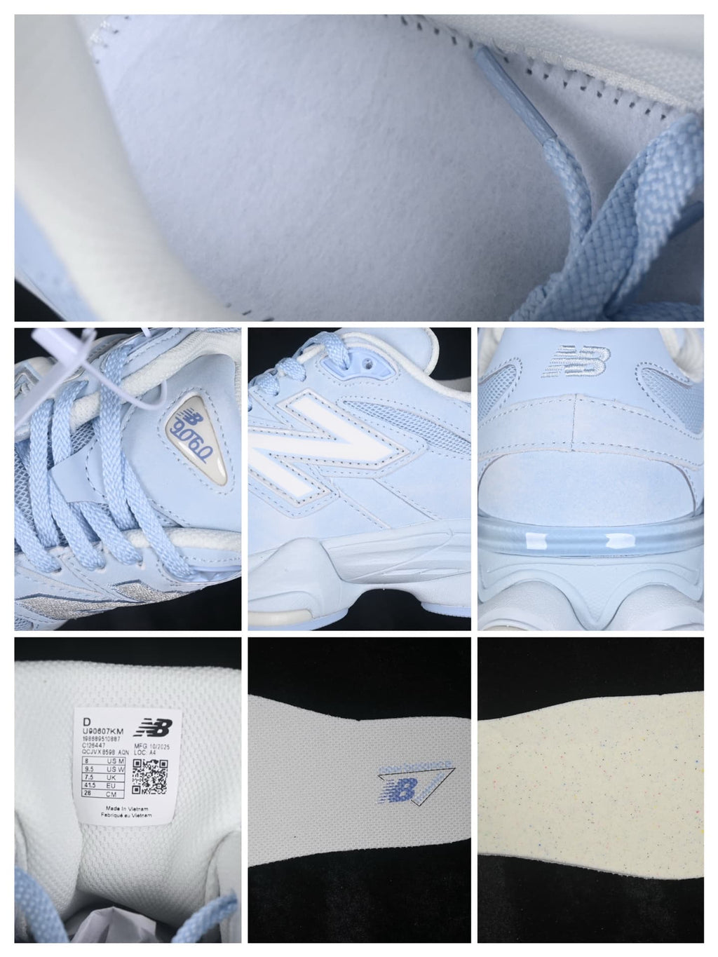 Detail collage showing the tongue, side branding, heel, insole label, outsole, and close-up surface textures.