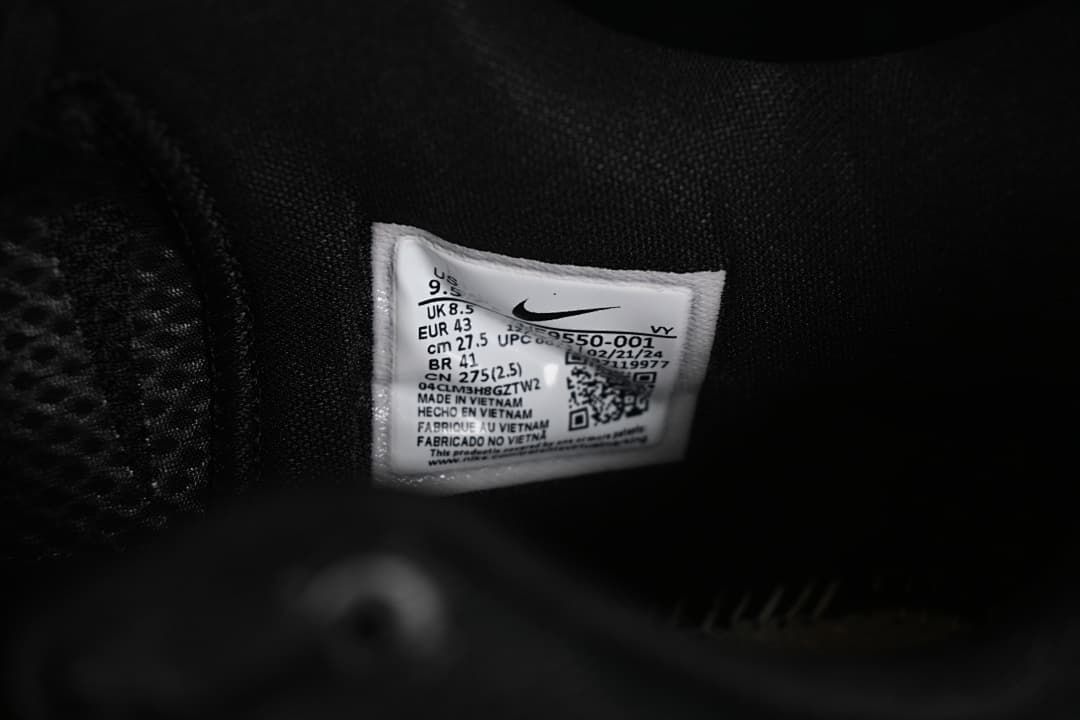 Interior shoe label showing EU size 43 and other size markings