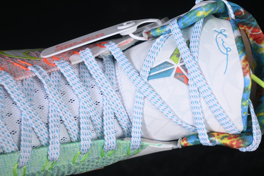Close-up of the laces, tongue, and colorful collar lining.