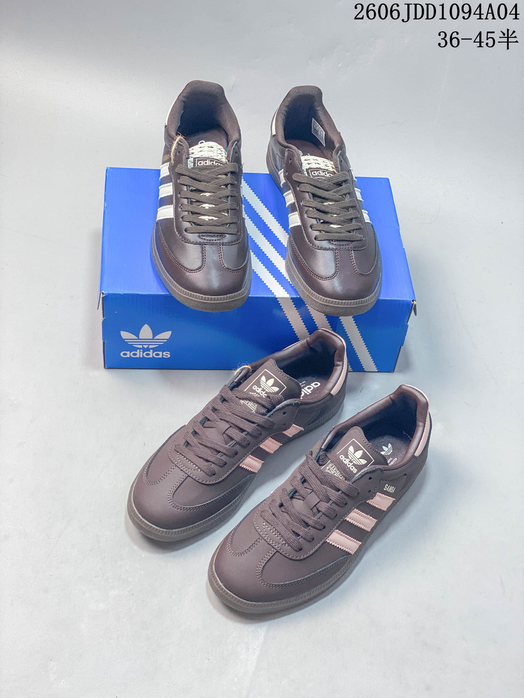 Several views of brown-grey Adidas Samba low-top sneakers with light stripes and dark laces.