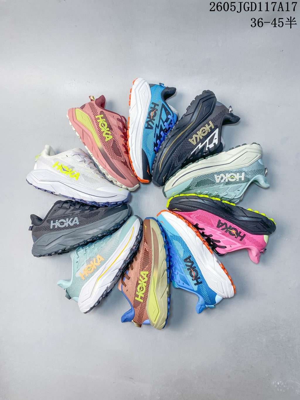 Several Hoka Mafate Speed 2 shoes arranged in a circle, showing assorted color combinations.