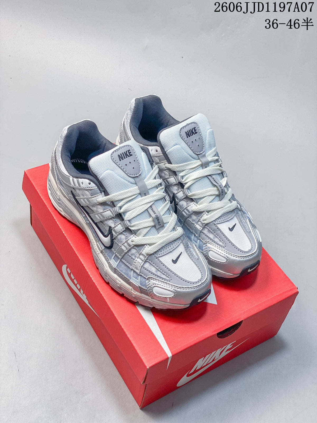 Three Nike P-6000-style sneakers shown from the side in white with teal accents, silver and white, and dark gray.