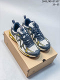 Pair of gray, dark gray, and olive Sregiek low-top hiking shoes on a branded box; image overlay shows style code 2606JWD107A07 and size range 39–45.