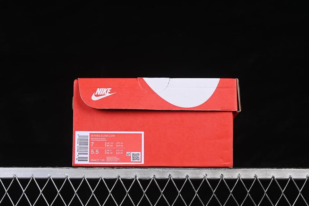 Nike shoe box label showing Dunk Low and style code IB4417-103