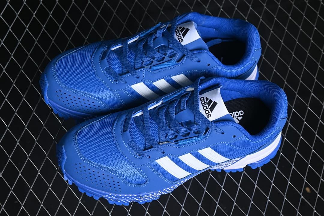 Pair of blue sneakers viewed from above