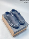 Pair of dark charcoal The North Face ThermoBall Traction Mule V slip-on shoes on a shoebox