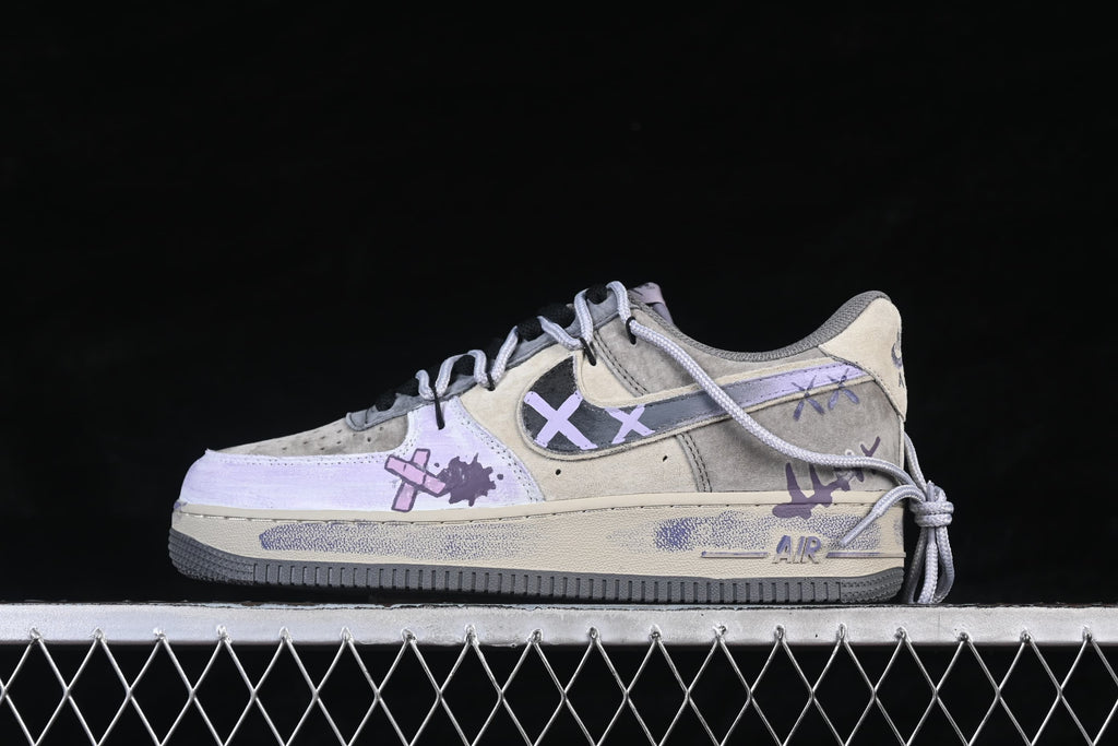 Side profile of the sneaker showing its gray, cream, and lavender graffiti design