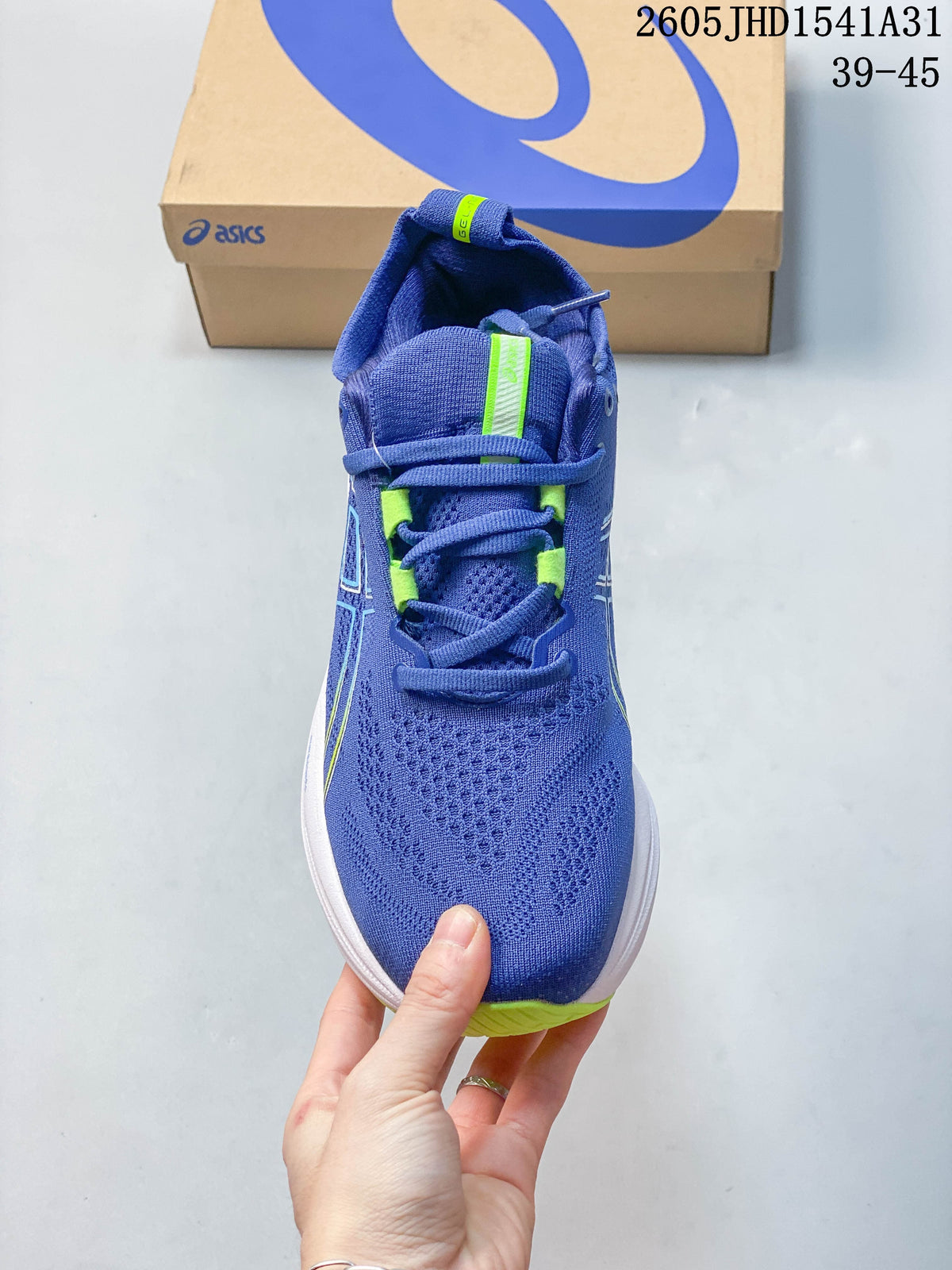 Front view of a blue running shoe with lime lace details