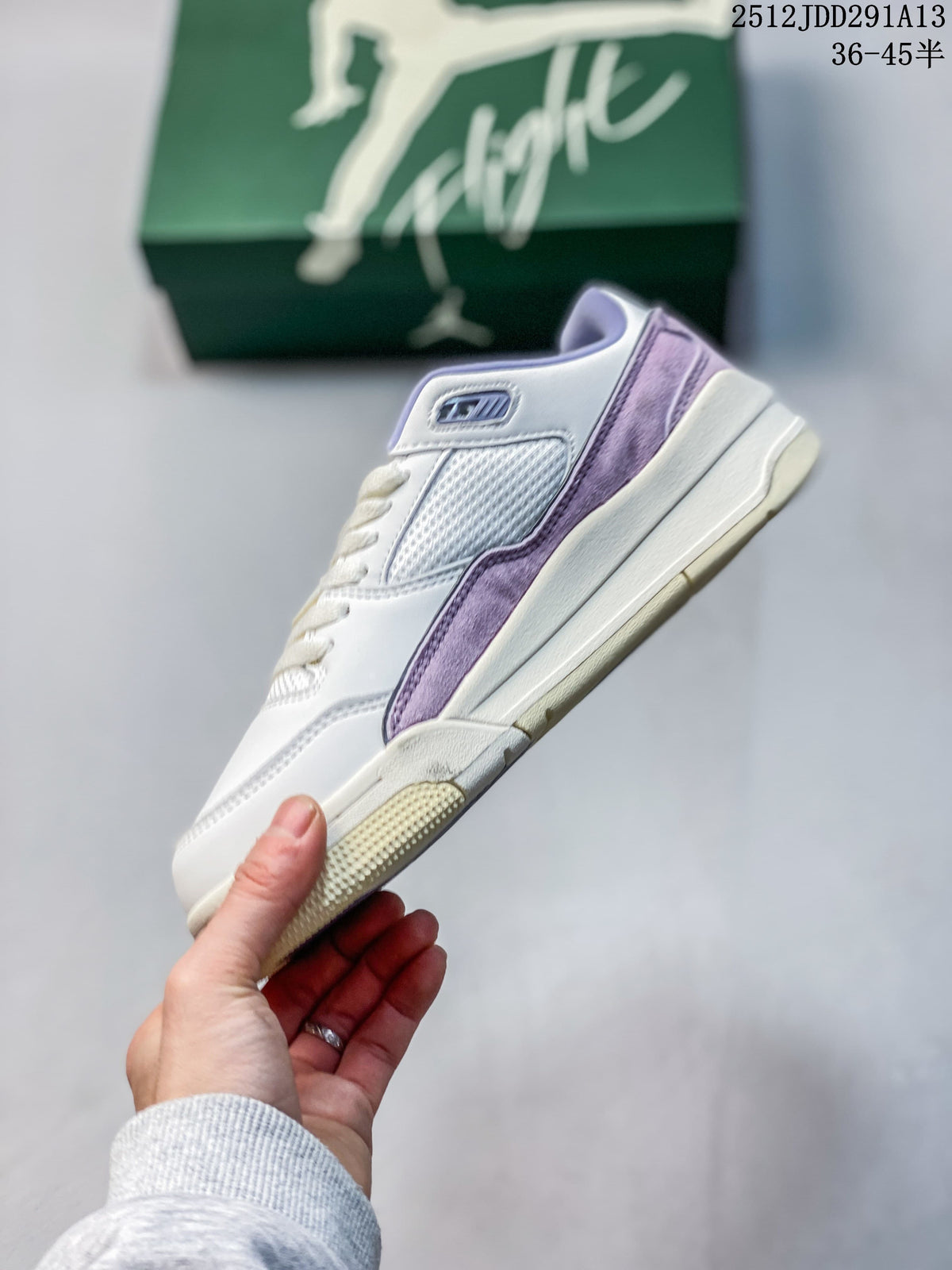 Side view of a low-top sneaker with lavender side trim and mesh panels