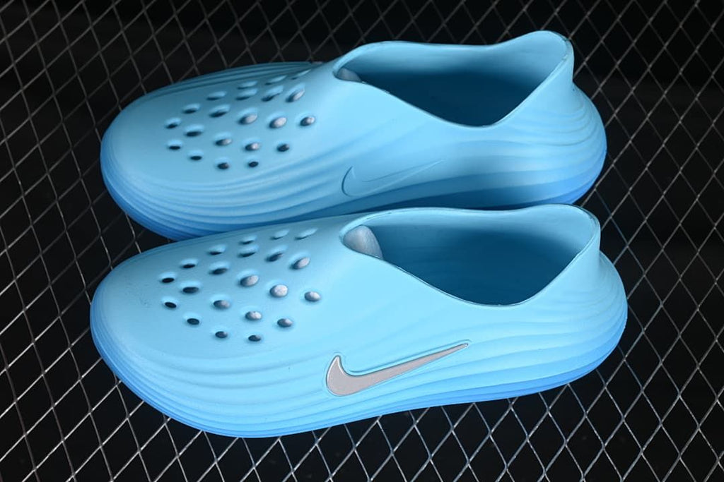 Pair of blue clogs shown from above and the side