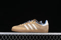 Side view of taupe and tan adidas Wales Bonner Samba sneakers with cream stripes, blue accents and gum-look outsole