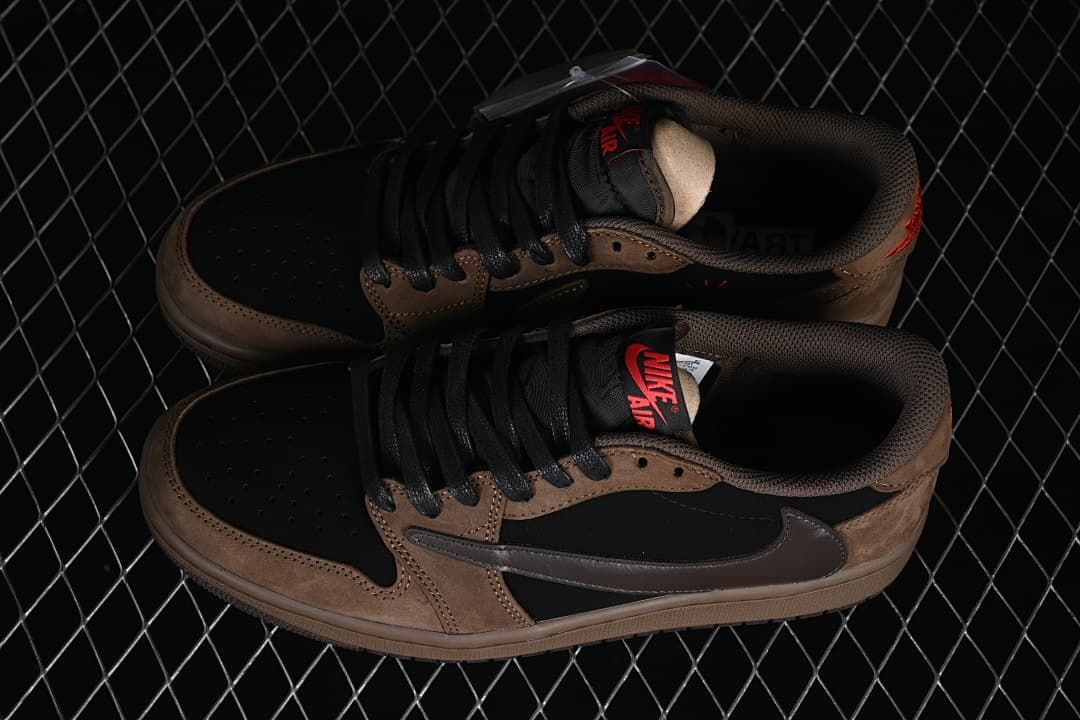 Pair of brown and black low-top sneakers viewed from above