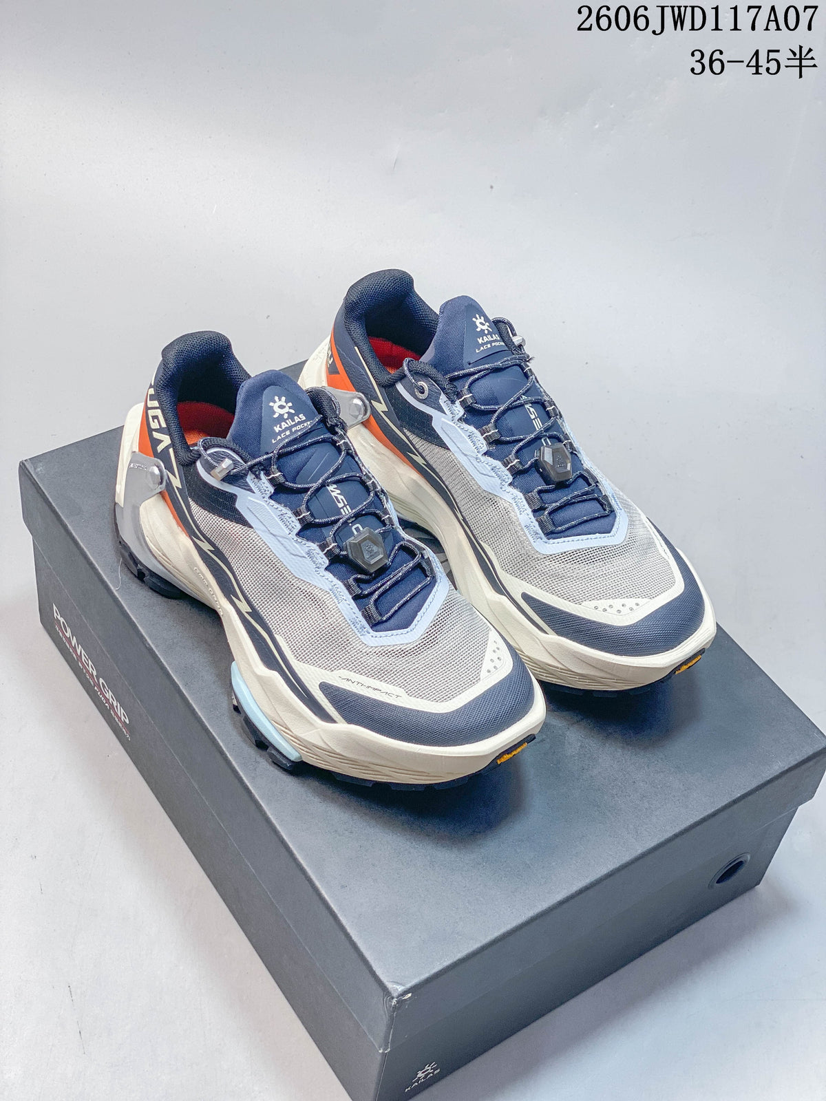 Pair of gray, navy, and orange KAILAS FUGA DU 2 trail running shoes on a shoe box