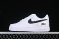 White low-top sneaker with black Swoosh and Supreme box logo, side view