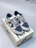 Three custom Nike Dunk Low-style sneakers shown from above, including white and navy-and-white designs.