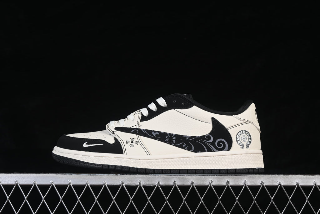 Side view of an off-white and black low-top sneaker with a patterned black Swoosh and graphic heel detail.