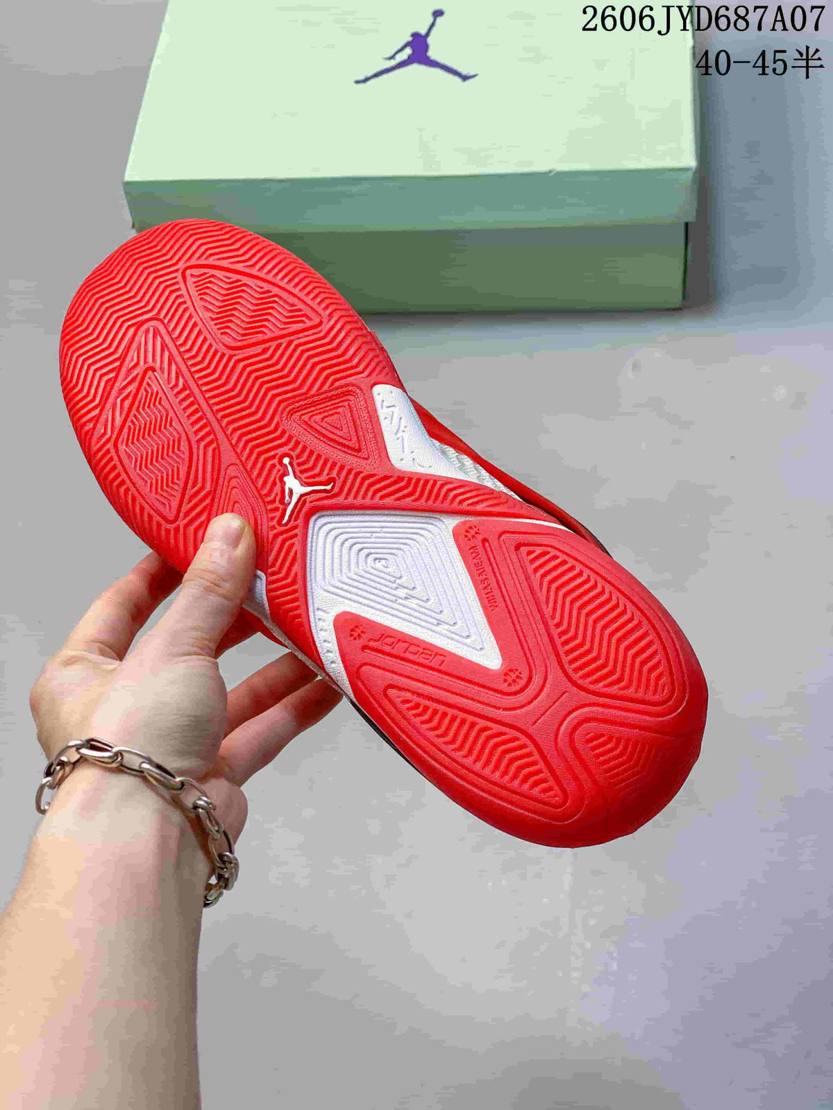 Close-up of the red patterned outsole on a Jordan Heir PF shoe