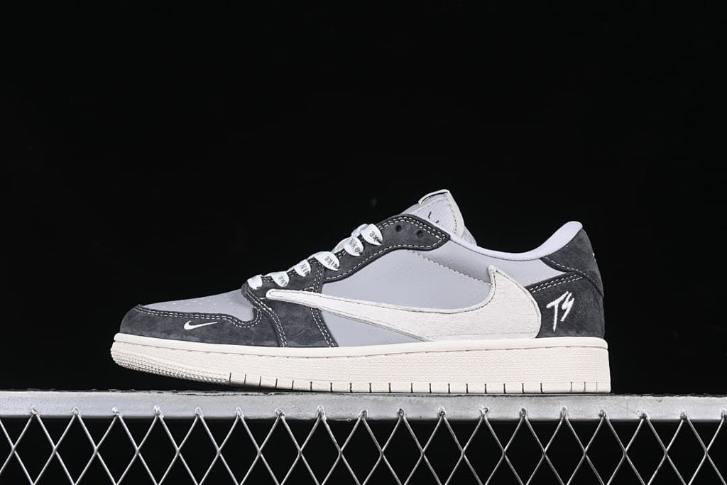 Side view of grey and charcoal sneakers with a light-colored oversized Swoosh