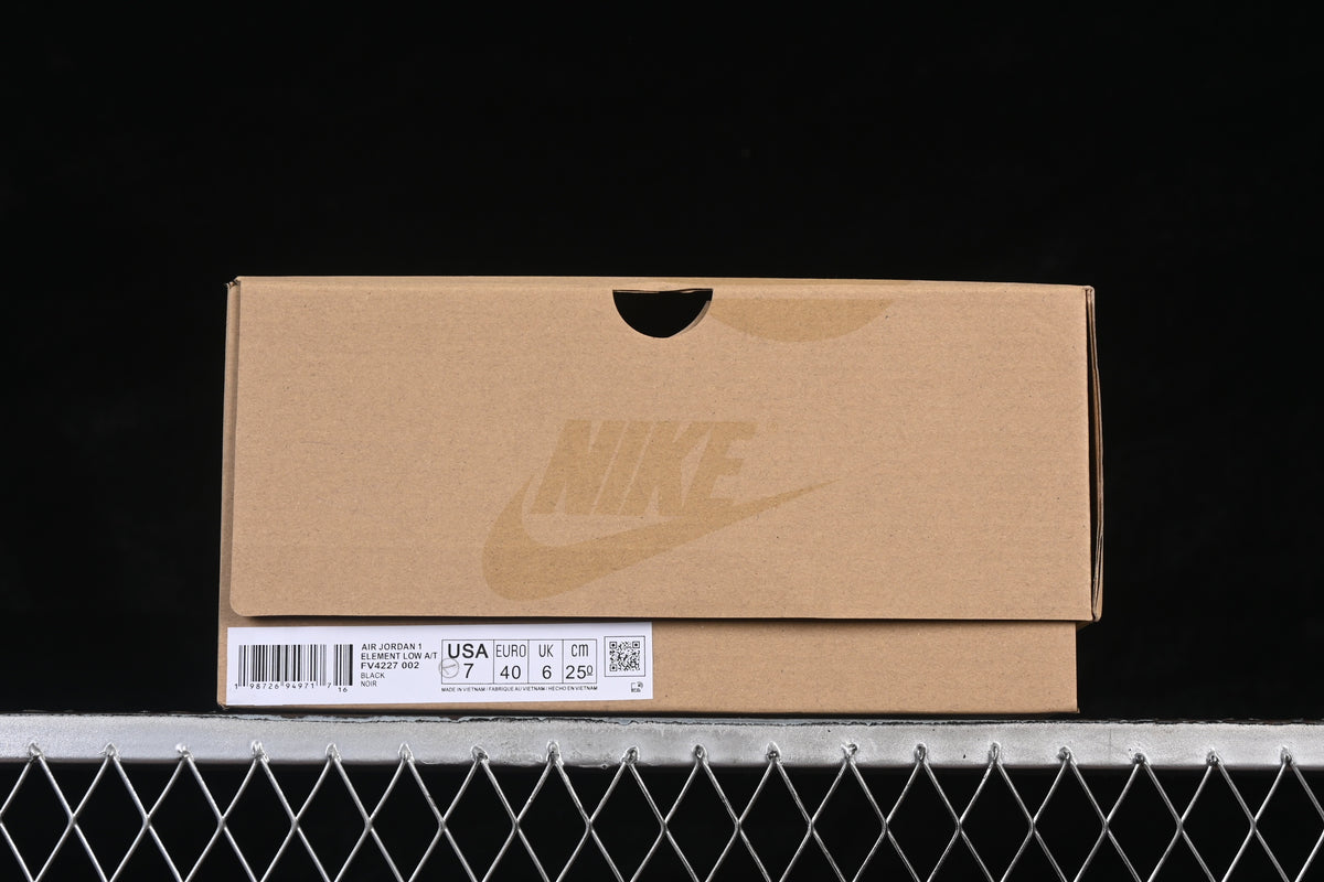 Shoe box label identifying Air Jordan 1 Element Low A/T, style FV4227-002, and sample size