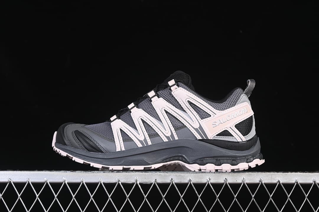 Side view of Salomon XA PRO 3D shoes in gray, black, and pale violet-pink
