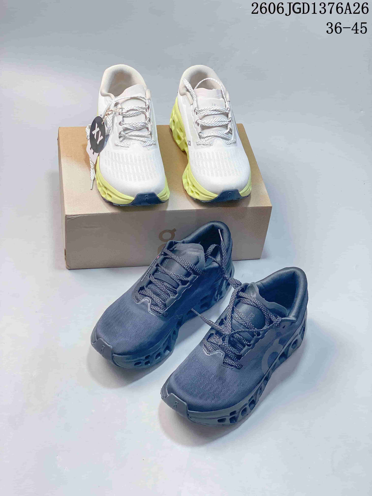 White-and-lime and slate On Cloudmonster 3 shoes displayed together.