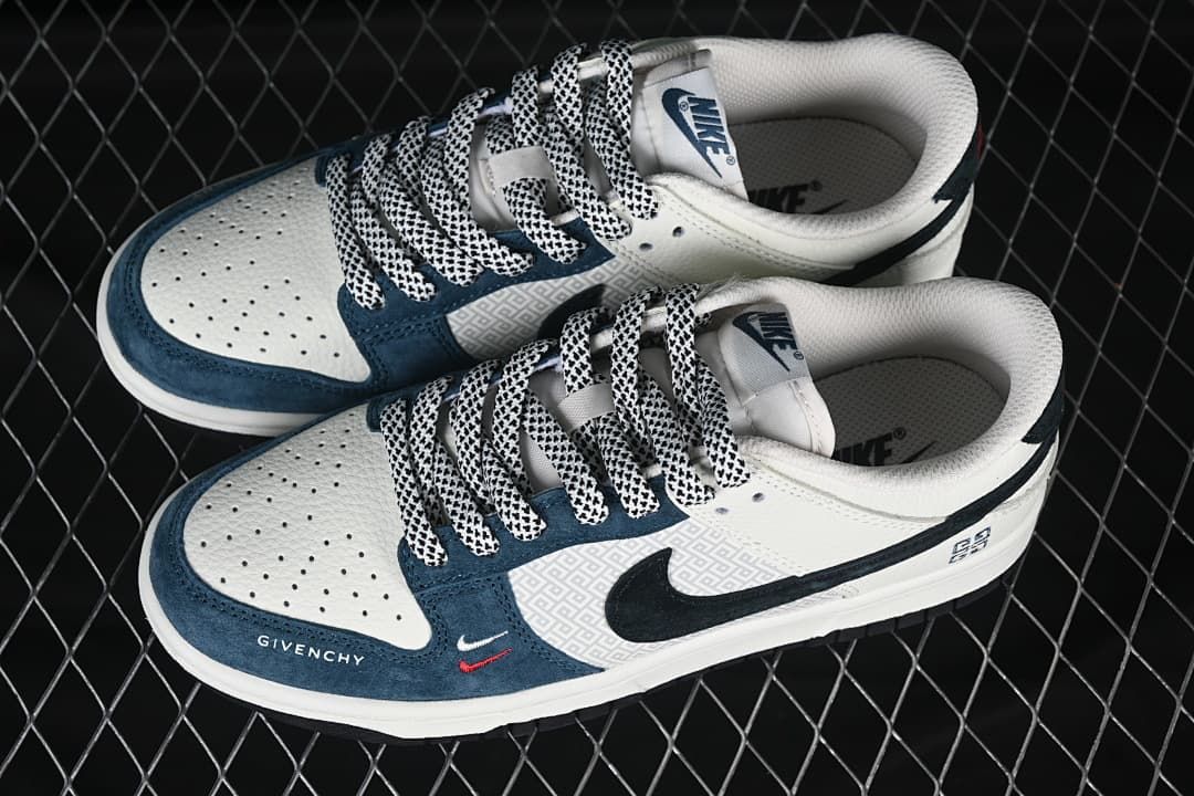Top view of a pair of off-white and navy low-top sneakers showing perforated toe panels and patterned laces