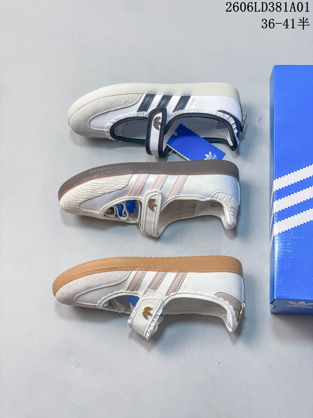 Side view of three light Mary Jane-style sneakers showing different stripe, trim and outsole color combinations.