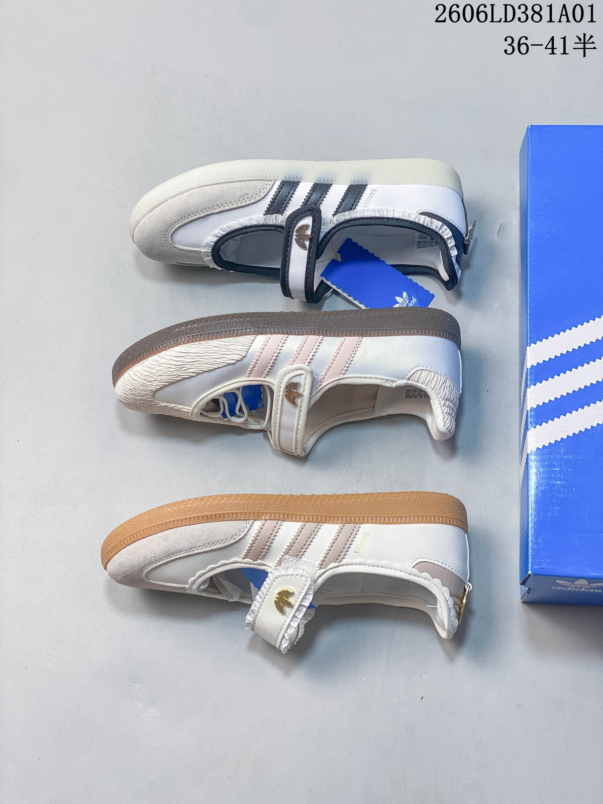 Side view of three light Mary Jane-style sneakers showing different stripe, trim and outsole color combinations.