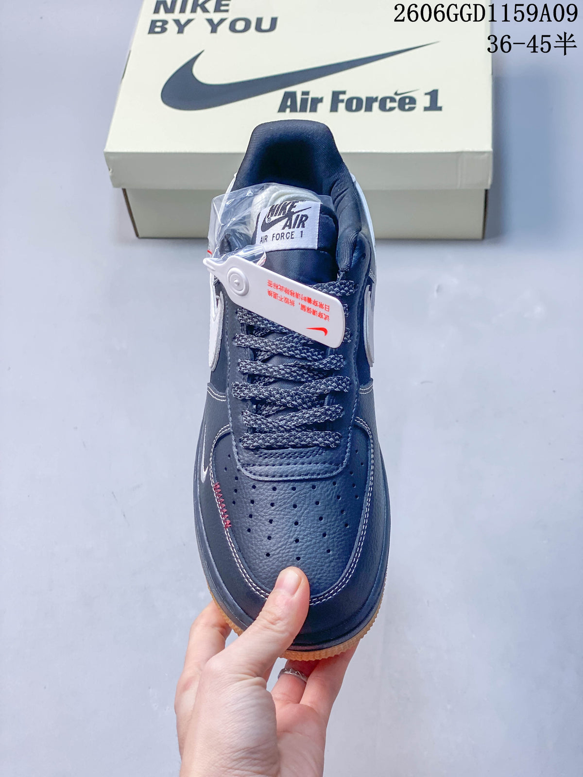 Top view showing the perforated toe, patterned laces, and tongue label.