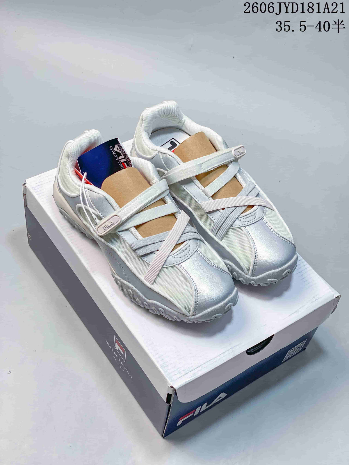 White FILA Pebble Sandal shoes with pale gray crossed straps