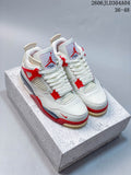 Pair of white and red Air Jordan 4 Retro sneakers shown from the front